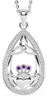 Diamond Amethyst Silver Claddagh Trinity Knot Necklace