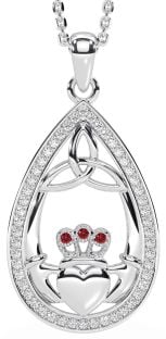 Diamond Ruby Silver Claddagh Trinity Knot Necklace