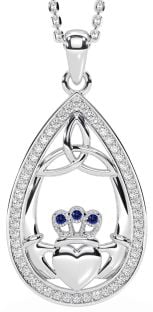 Diamond Sapphire Silver Claddagh Trinity Knot Necklace