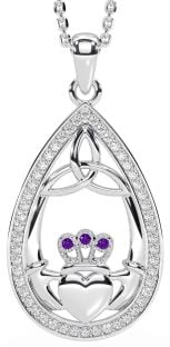 Diamond Amethyst White Gold Claddagh Trinity Knot Necklace