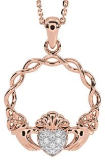 Diamond Rose Gold Silver Celtic Claddagh Trinity Knot Necklace