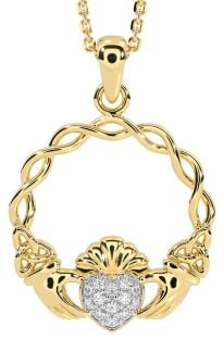 Diamond Gold Silver Celtic Claddagh Trinity Knot Necklace