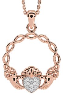 Diamond Rose Gold Celtic Claddagh Trinity Knot Necklace