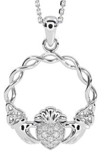 Diamond Silver Celtic Claddagh Trinity Knot Necklace