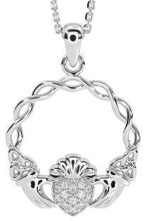 Diamond White Gold Celtic Claddagh Trinity Knot Necklace