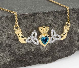 Diamond Topaz Gold Silver Claddagh Trinity Knot Necklace