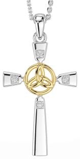 Diamond Gold Silver Celtic Cross Trinity Knot Necklace