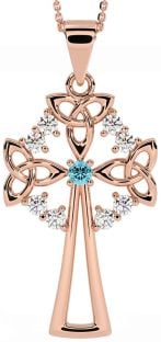 Diamond Aquamarine Rose Gold Silver Celtic Cross Trinity Knot Necklace