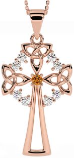 Diamond Citrine Rose Gold Silver Celtic Cross Trinity Knot Necklace