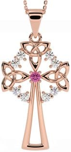 Diamond Pink Tourmaline Rose Gold Silver Celtic Cross Trinity Knot Necklace