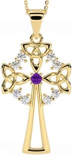 Diamond Amethyst Gold Silver Celtic Cross Trinity Knot Necklace