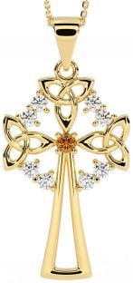 Diamond Citrine Gold Silver Celtic Cross Trinity Knot Necklace