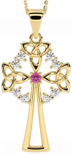 Diamond Pink Tourmaline Gold Silver Celtic Cross Trinity Knot Necklace