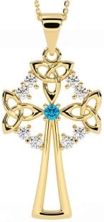 Diamond Topaz Gold Silver Celtic Cross Trinity Knot Necklace