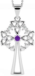 Diamond Amethyst Silver Celtic Cross Trinity Knot Necklace