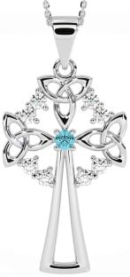 Diamond Aquamarine Silver Celtic Cross Trinity Knot Necklace