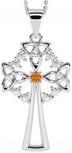 Diamond Citrine Silver Celtic Cross Trinity Knot Necklace