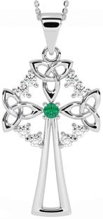 Diamond Emerald Silver Celtic Cross Trinity Knot Necklace