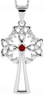 Diamond Garnet Silver Celtic Cross Trinity Knot Necklace