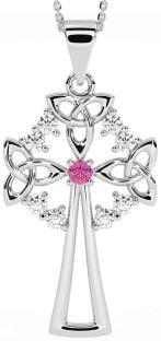 Diamond Pink Tourmaline Silver Celtic Cross Trinity Knot Necklace