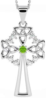 Diamond Peridot Silver Celtic Cross Trinity Knot Necklace