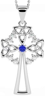 Diamond Sapphire Silver Celtic Cross Trinity Knot Necklace