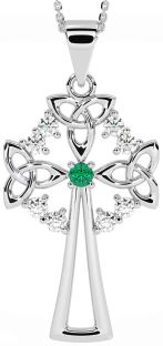 Diamond Emerald White Gold Celtic Cross Trinity Knot Necklace