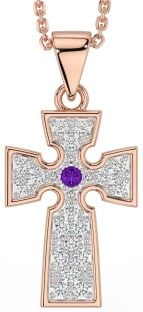 Diamond Amethyst Rose Gold Silver Celtic Cross Necklace