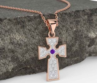 Diamond Amethyst Rose Gold Silver Celtic Cross Necklace