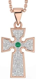 Diamond Emerald Rose Gold Silver Celtic Cross Necklace