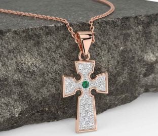 Diamond Emerald Rose Gold Silver Celtic Cross Necklace