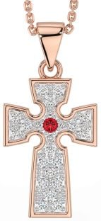 Diamond Ruby Rose Gold Silver Celtic Cross Necklace