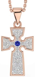 Diamond Sapphire Rose Gold Silver Celtic Cross Necklace