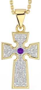 Diamond Amethyst Gold Silver Celtic Cross Necklace