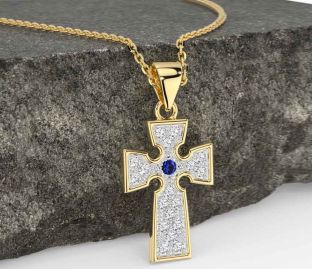 Diamond Sapphire Gold Silver Celtic Cross Necklace