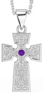 Diamond Amethyst Silver Celtic Cross Necklace