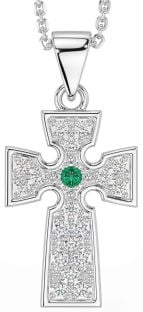 Diamond Emerald Silver Celtic Cross Necklace