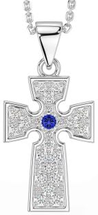 Diamond Sapphire Silver Celtic Cross Necklace