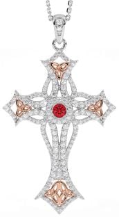 Large Diamond Ruby Rose Gold Silver Celtic Cross Trinity Knot Necklace