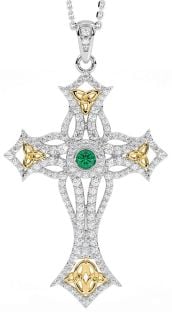 Large Diamond Emerald Gold Silver Celtic Cross Trinity Knot Necklace