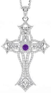 Large Diamond Amethyst Silver Celtic Cross Trinity Knot Necklace