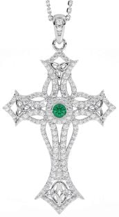 Large Diamond Emerald Silver Celtic Cross Trinity Knot Necklace