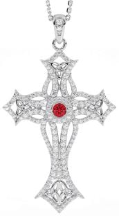 Large Diamond Ruby Silver Celtic Cross Trinity Knot Necklace