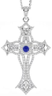 Large Diamond Sapphire Silver Celtic Cross Trinity Knot Necklace