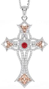 Large Diamond Ruby White Rose Gold Celtic Cross Trinity Knot Necklace