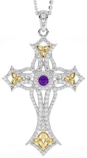 Large Diamond Amethyst White Yellow Gold Celtic Cross Trinity Knot Necklace