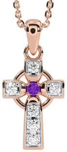 Diamond Amethyst Rose Gold Silver Celtic Cross Necklace