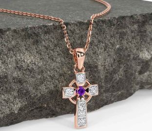 Diamond Amethyst Rose Gold Silver Celtic Cross Necklace
