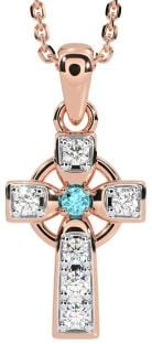 Diamond Aquamarine Rose Gold Silver Celtic Cross Necklace