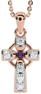 Diamond Alexandrite Rose Gold Silver Celtic Cross Necklace